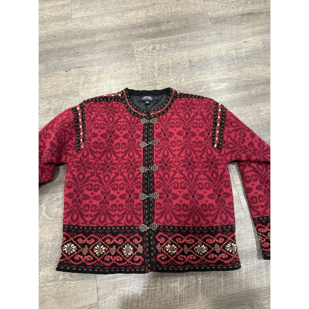 Icelandic Design Knit Cardigan Sweater Wool Red Nordic cheongsam Size M VTG